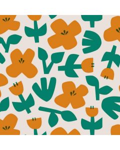 oranje-grote bloemen-groen-beige-vrolijk
